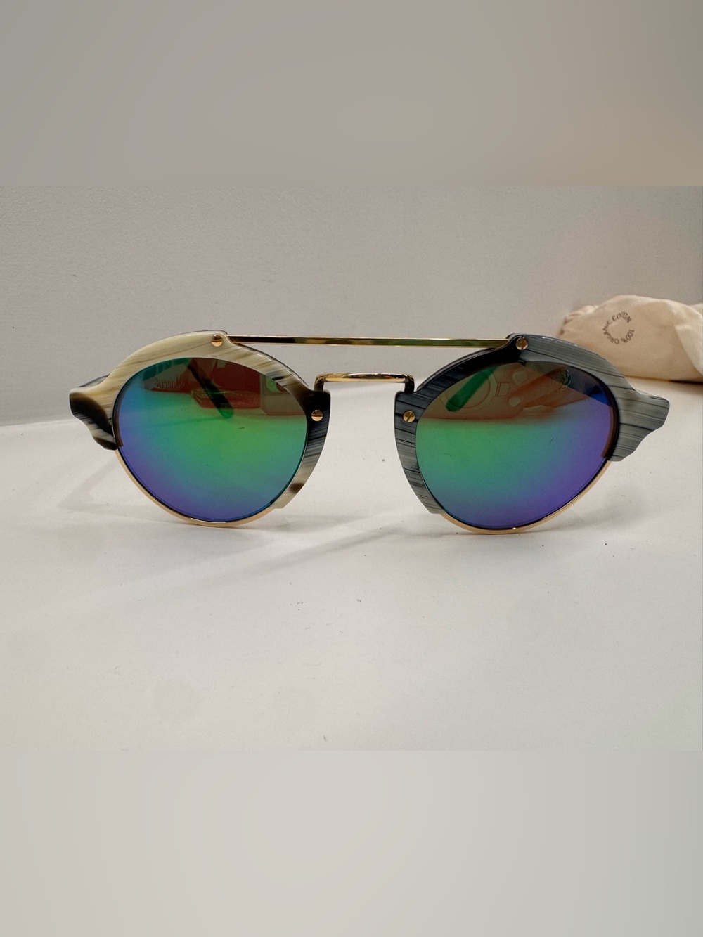 Illesteva Round Tortoise Dual-Tone Frame Sunglasses w/ Green-Blue Mirrored Lense